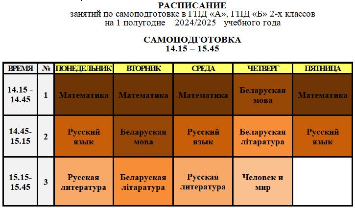 Расписание занятий по самоподготовке в ГПД 2-х классов